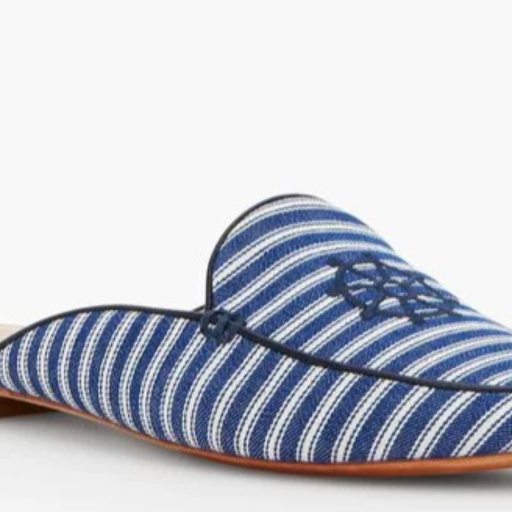 TALBOTS "RYAN" STRIPED DENIM MULES WITH NAUTICAL EMBROIDERY - NEW IN BOX